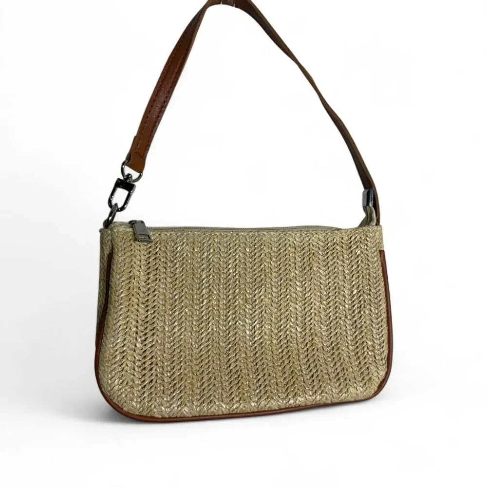 Brown & tan woven straw summer handbag with herringbone pattern